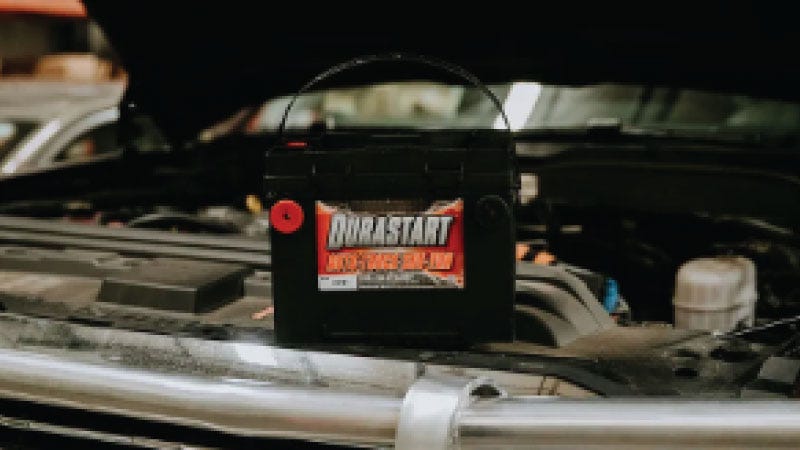 A new Durastart battery from North 40 sitting under the hood of a truck