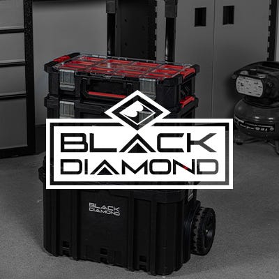 picture of black diamond toolbox in the background and a white black diamond logo in the front 