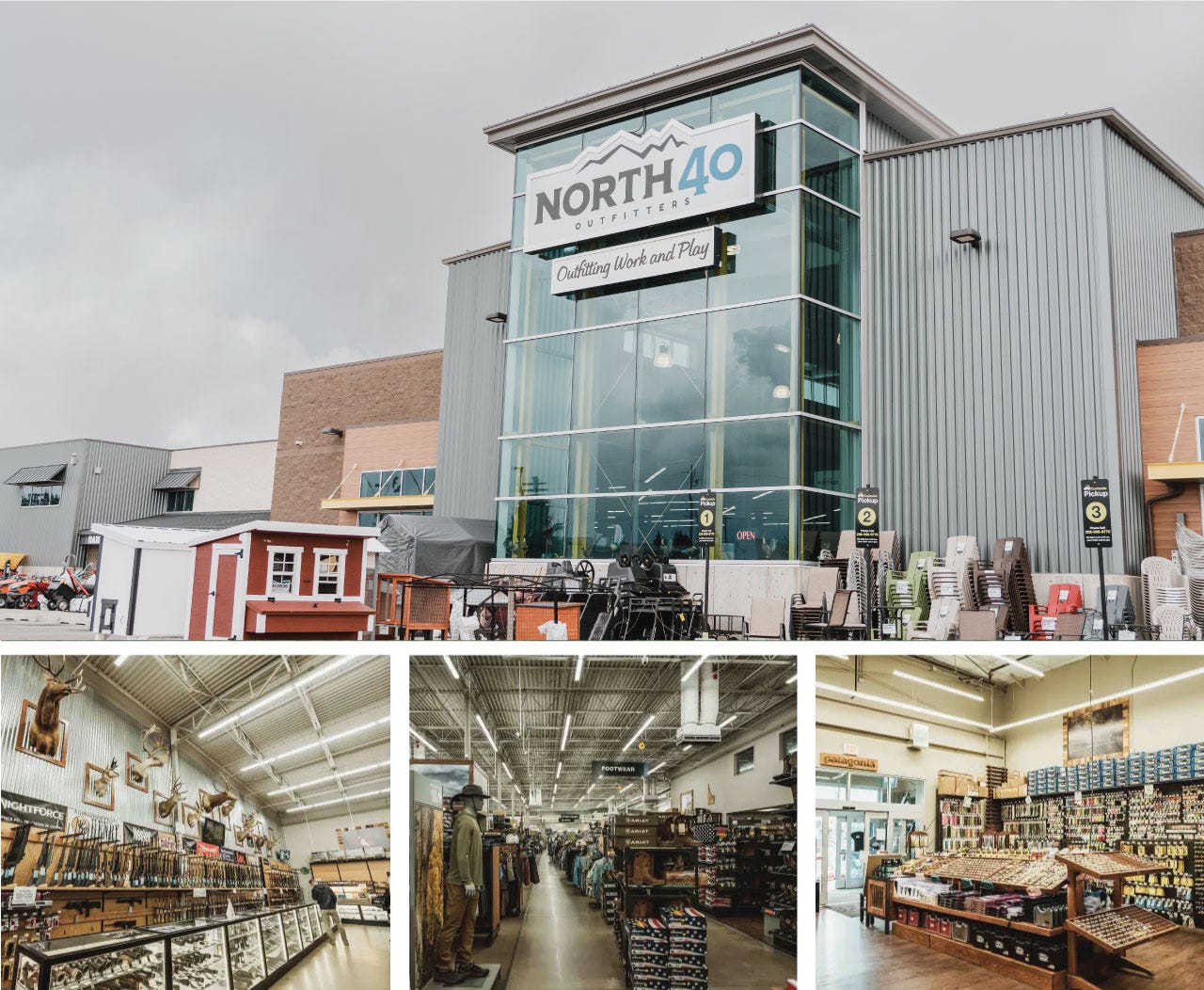 Collage of photos from North 40 West Great Falls. On top is the front of the store followed by an espresso machine, the fly shop. and an archer shooting targets