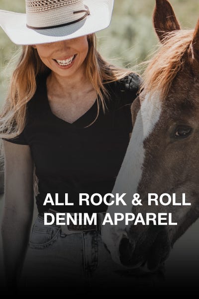 Promotional banner for 20% off all rock & roll denim apparel, featuring bold text and vibrant colors.