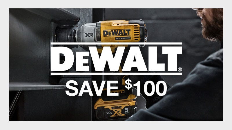 man drilling into wall; dewalt save $100 when you purchase a dewalt Hog Ring Anvil Kit; north 40 sale; november 5th - november 17th