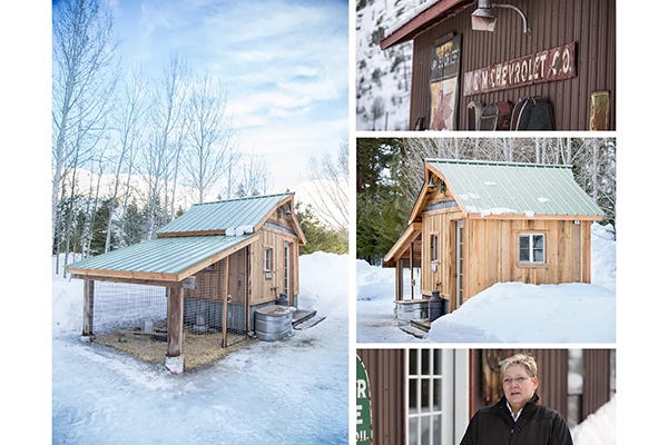 Collage of a single chicken coop with Cindy, proud keeper. 