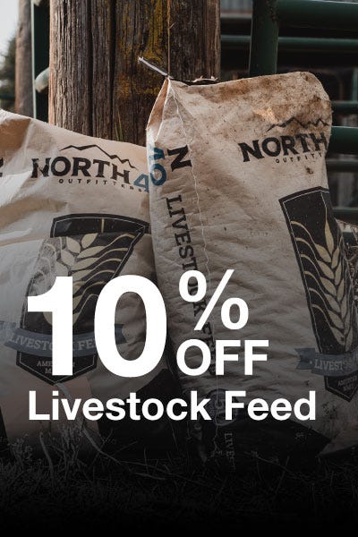 Advertisement for North 40 Feed featuring a 10% discount on livestock feed.