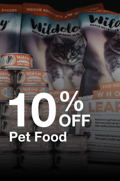 Promotional image for Wildology offering 10% off pet food with a focus on pet themed products.