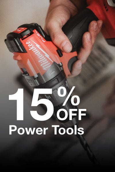 A collection of Milwaukee M18 power tools, showcasing 15% off power tools.