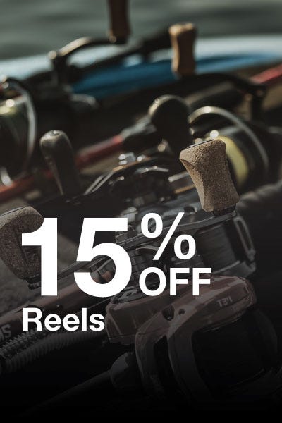 15% off on fishing reels promotion banner with a vibrant design showcasing various fishing reels.