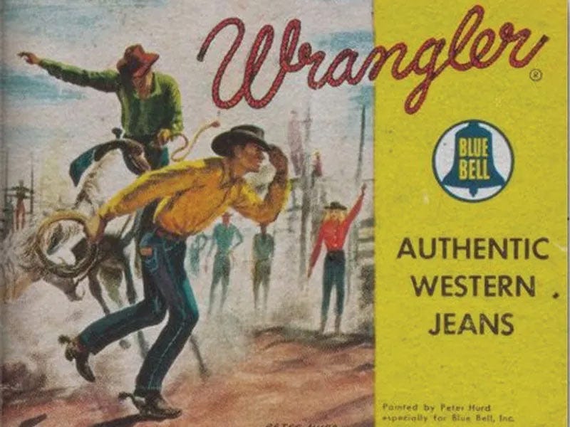 Illustrated vintage advertisement showing cowboys roping cattle, with the Wrangler logo and the words “Authentic Western Jeans."
