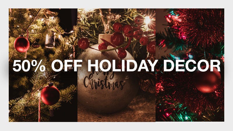 three collage image of christmas deocration; 30% off holiday decor; north 40