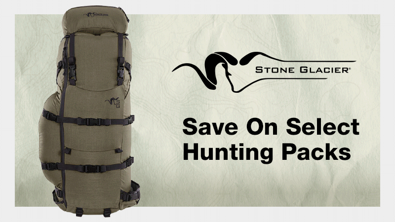 Gif of hunting pack product images swapping between different brands: Stone Glacier, Badlands, Eberlestock, Mystery Ranch. Text reads "Save on Select Hunting Packs"
