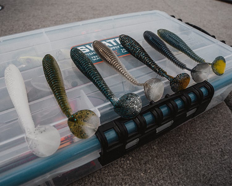 seven paddletail swimbaits of different colors and patterns laid on top of a plano tackle box 