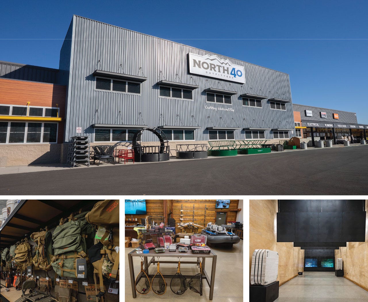 Collage of photos from North 40 West Great Falls. On top is the front of the store followed by an espresso machine, the fly shop. and an archer shooting targets