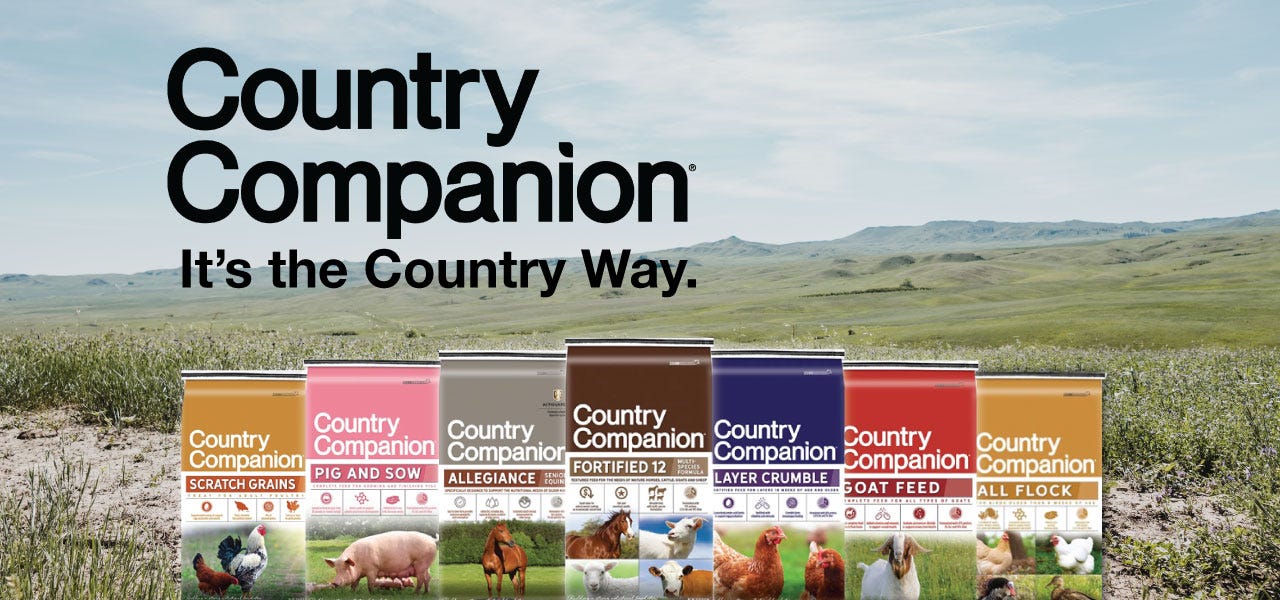 Seven Country companion feed bags lined up over a backdrop of Montana hills. Text: Country Companion, it's the country way