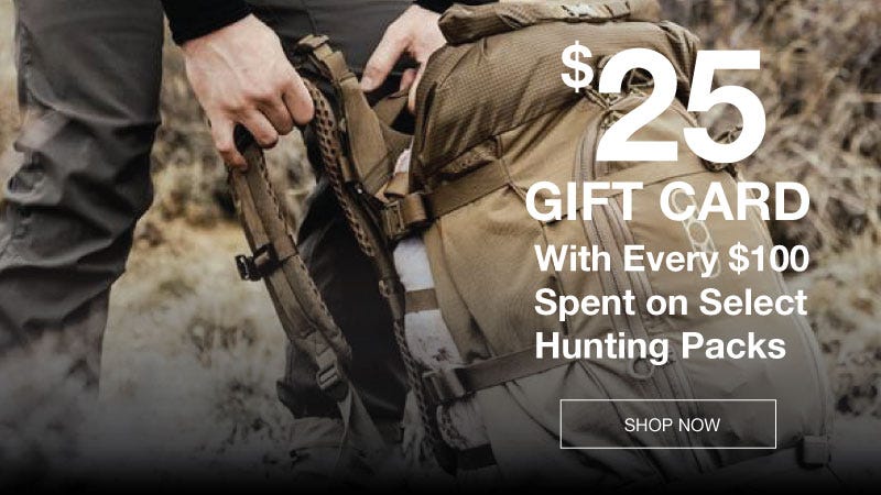 $25 gift card promotion with every $100 spent on select hunting packs.