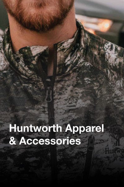  A collection of Huntworth apparel and accessories, featuring outdoor gear designed for hunting and outdoor activities.
