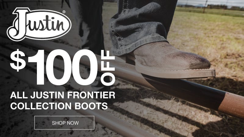 Justin cowboy boots on sale for $100 off, showcasing a stylish design suitable for casual and formal wear.