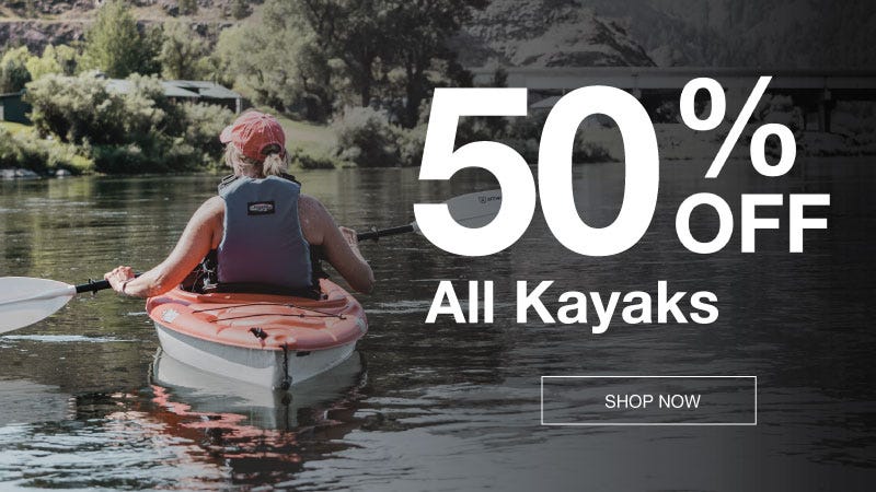 A woman in a kayak glides across the water, accompanied by text stating "50% off all kayaks" in the background.