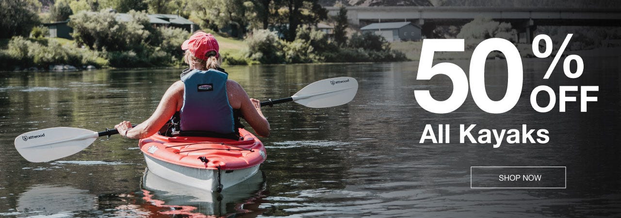 A woman in a kayak glides across the water, accompanied by text stating "50% off all kayaks" in the background.