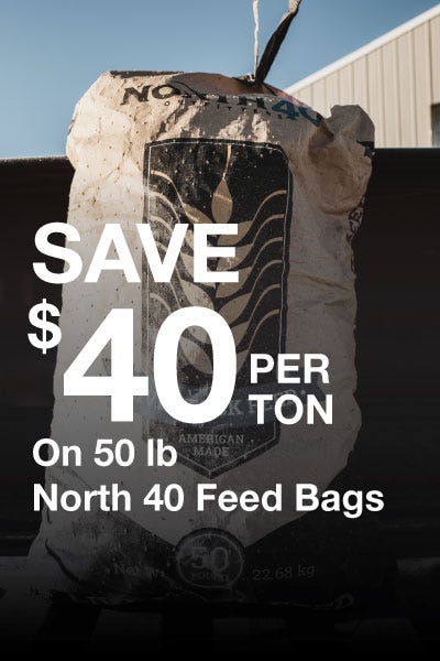 Save 40% on North feed bags, featuring a promotional banner with bold text and an eye-catching design.