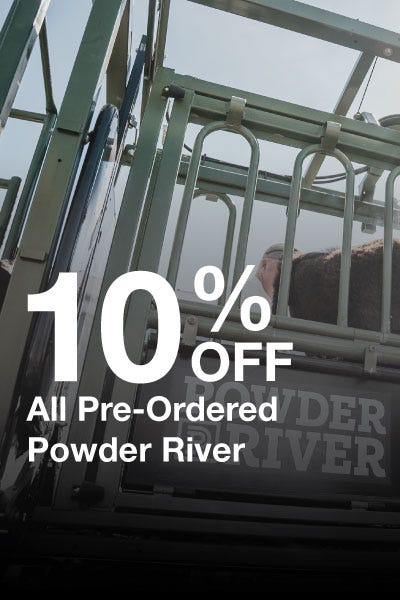 Promotional banner displaying "10% off all Powder River products" in bold text on a colorful background.