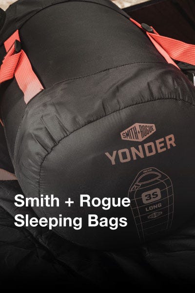 Promotional image for Smith & Rogue sleeping bags with a 20% discount, showcasing various colors and styles.