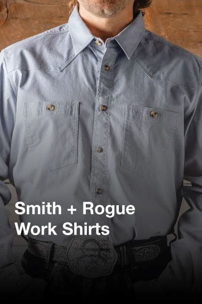 Promotional image showcasing $10 discount on Smith & Rogue work shirts, with eye-catching graphics and text.