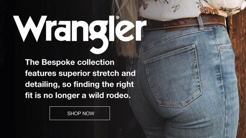 The Bespoke Wrangler Jeans website, highlighting different jean styles and brand offerings.