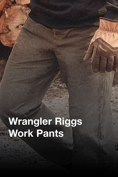 Promotional image for Wrangler Riggs work pants: buy one, get one 50% off.