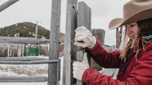 A woman adjusts a fence in the winter while wearing noble outfitters leather gloves.