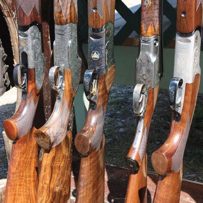 A variety of 5 shotguns sitting next to eachother on gun rack