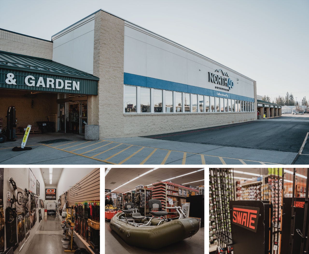 Collage of photos from North 40 West Great Falls. On top is the front of the store followed by an espresso machine, the fly shop. and an archer shooting targets