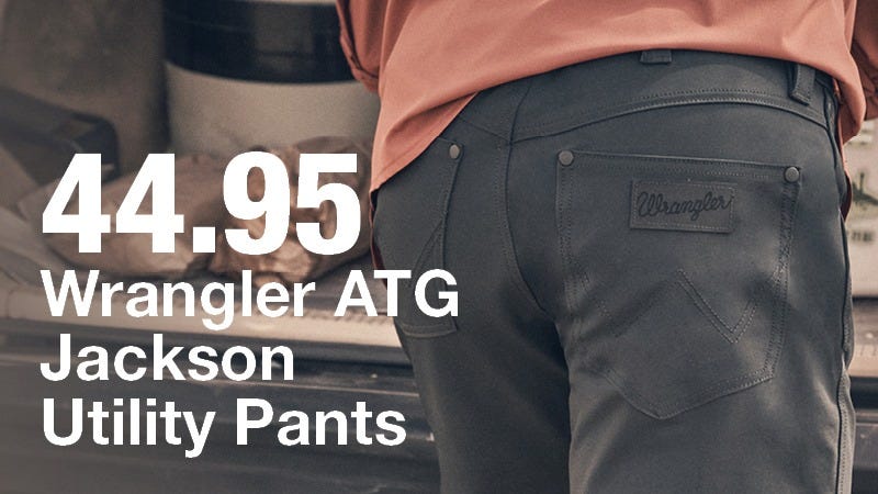 A close-up of a person wearing dark grey Wrangler ATG Jackson Utility Pants with a Wrangler label on the back pocket, alongside large text listing the price as $44.95.