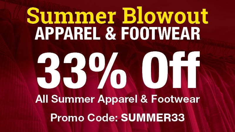 Promotional banner with text reading "Summer Apparel & Footwear Blowout—33% Off All Summer Apparel & Footwear, Promo Code: SUMMER33" over a background of clothes hanging on a rack.