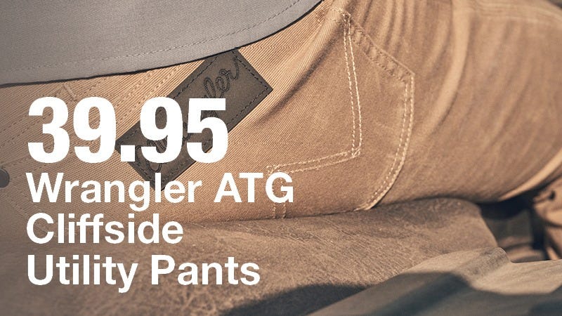 Close-up of a person wearing tan Wrangler ATG Cliffside Utility Pants, with text overlay showing the price of $39.95.