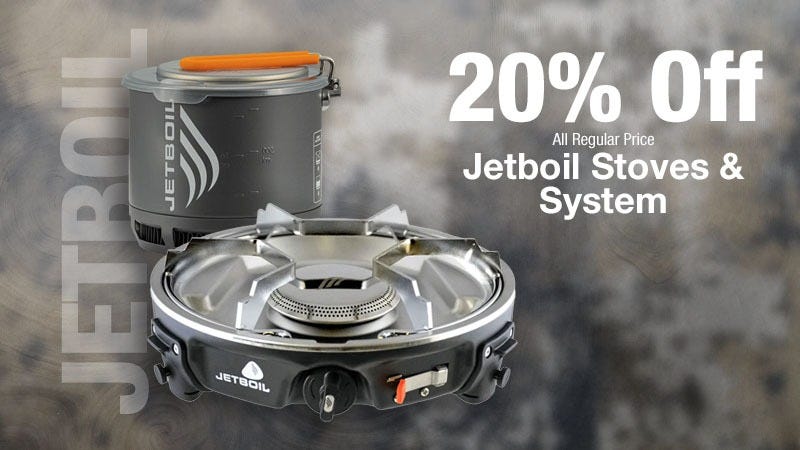 Promotional image showing a Jetboil camp stove and cooking system with text offering 20% off all regular price Jetboil stoves and systems, set against a smoky, outdoor-themed background.
