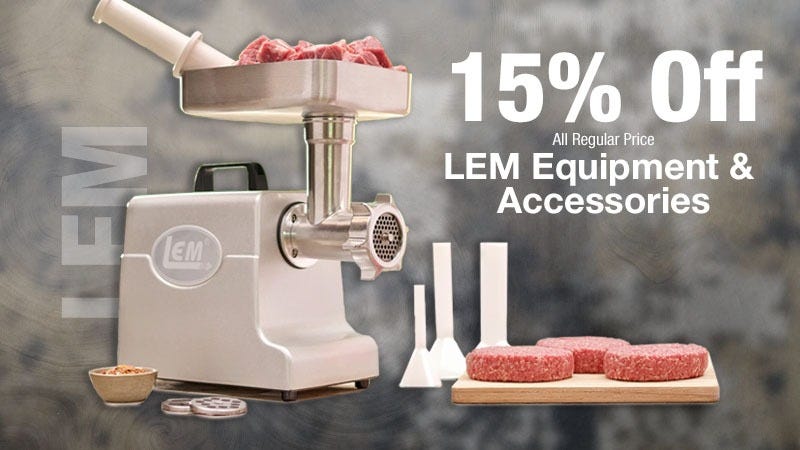 A meat grinder filled with raw meat is surrounded by grinder attachments, ground meat patties, and a small bowl, with text advertising "15% Off All Regular Price LEM Equipment & Accessories" on the right side.