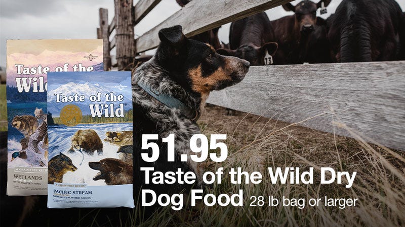 A dog looks through a wooden fence at a group of cows, with two bags of Taste of the Wild dog food displayed on the left. Text on the image advertises Taste of the Wild Dry Dog Food, 28 lb bag or larger, for $51.95.