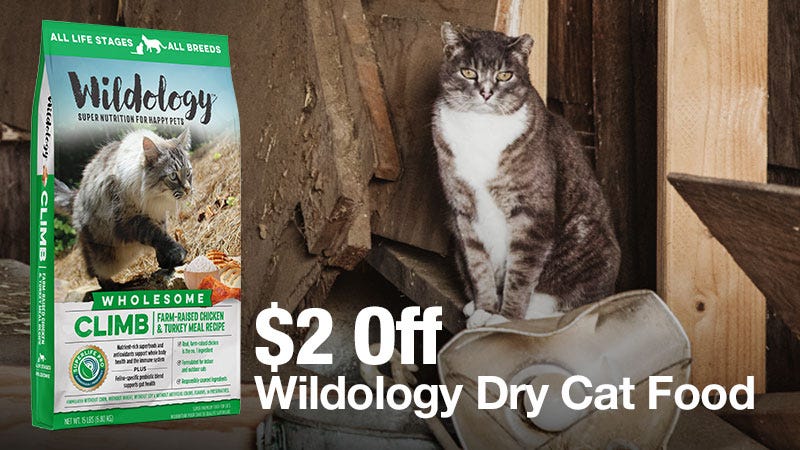 A bag of Wildology Climb dry cat food is shown next to a gray and white cat sitting in a rustic wooden setting, with a large text overlay that reads "$2 Off Wildology Dry Cat Food."