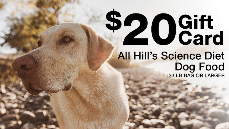 Text reads "$20 gift card all hill's science diet dog food; 33 lb bag or larger" in the negative to the right of a yellow lab along the side of the river.