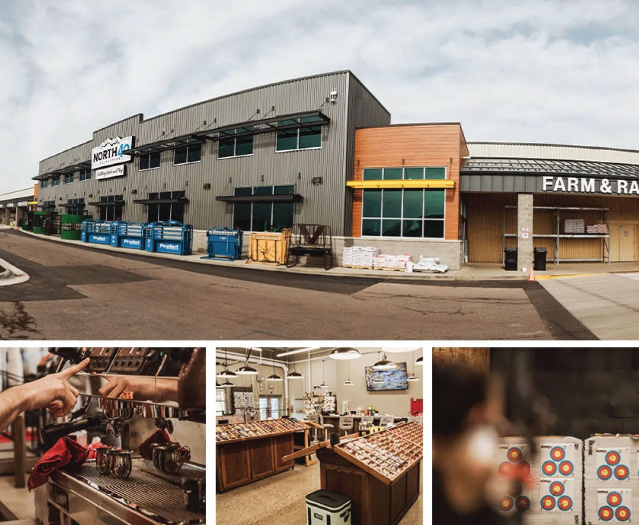 Collage of photos from North 40 West Great Falls. On top is the front of the store followed by an espresso machine, the fly shop. and an archer shooting targets