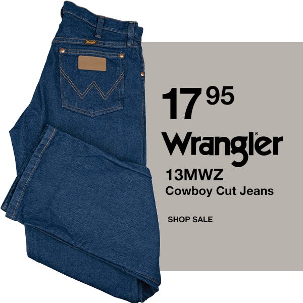 pair of blue jeans behind a tan background with wrangler to the right with shop now button