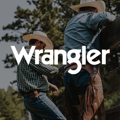 two guys riding horses with a wrangler logo in the front 